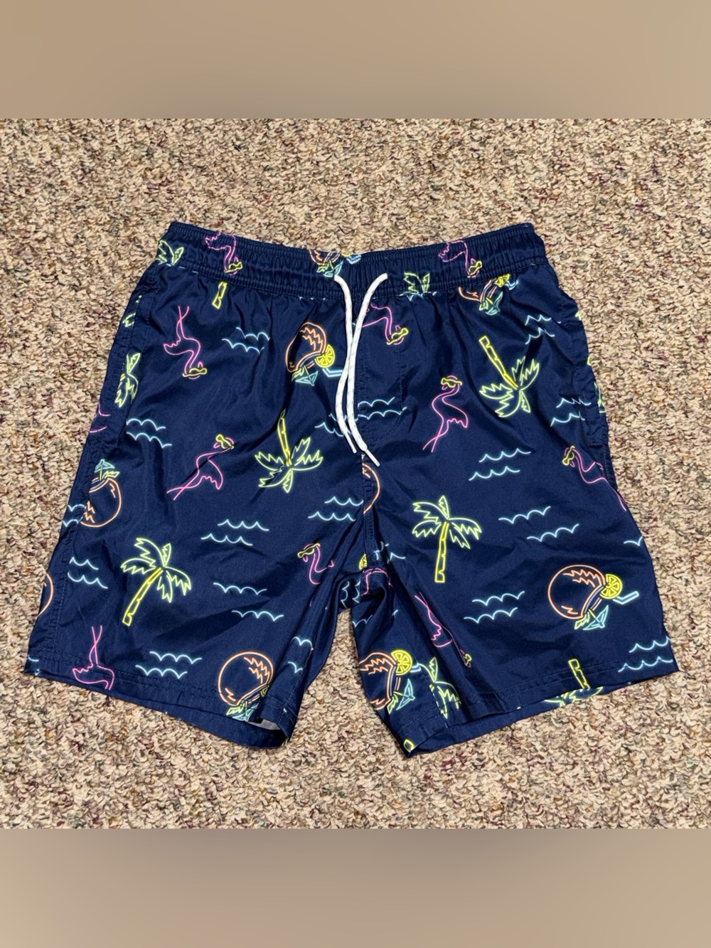 Boys size small Goodfellow & Co Navy Swim Shorts with Neon Tropical Print